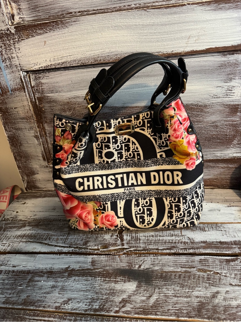 Black Canvas Satchel with Pink Floral Print